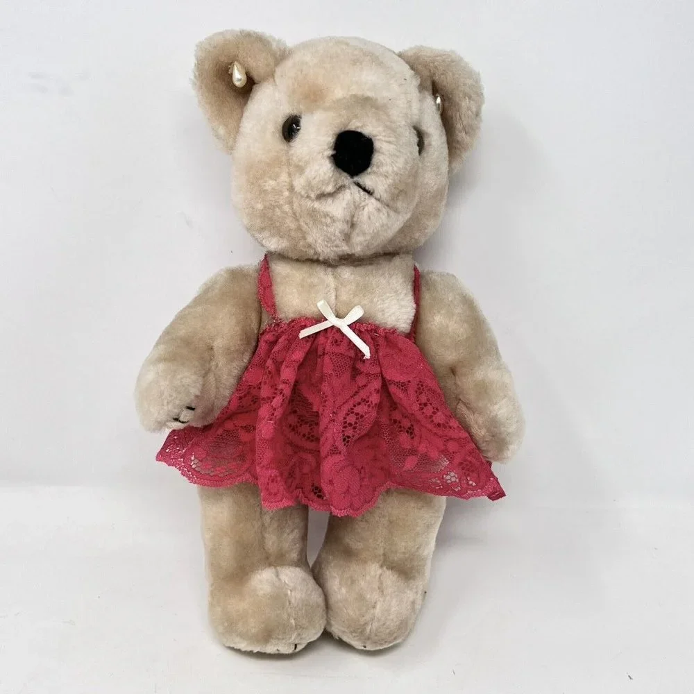 Teddy Bear in Red Lingerie‎ Undies Pearl Earrings Jointed Vintage? Unbranded 10